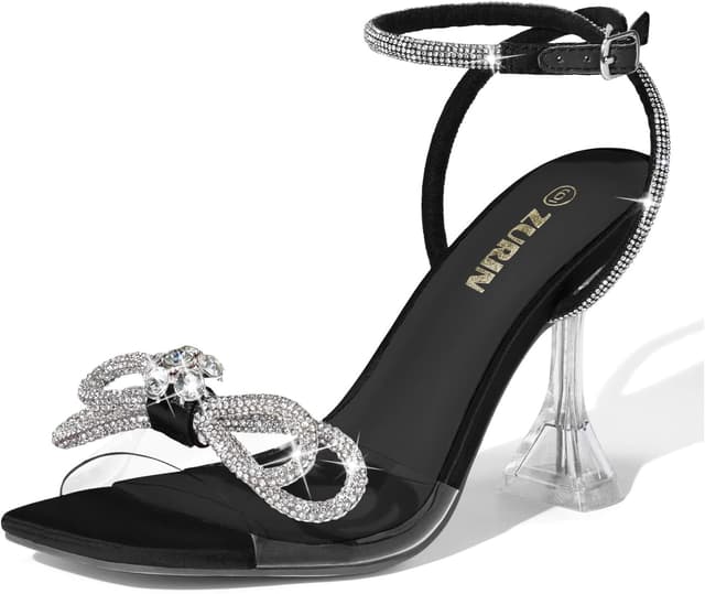Detalle de ZURIN Women's Rhinestone Bow Heels with Clear Slingback Straps and Square Toe