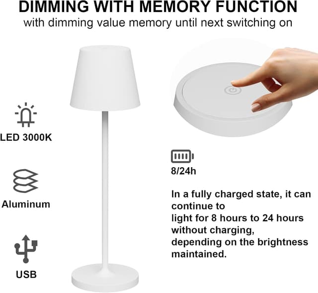 Detalle de Klighten 2 Pezzi Lampada LED dimmerabile da tavolo ricaricabile, 3000K, IP54, in alluminio (H38 cm) bianco