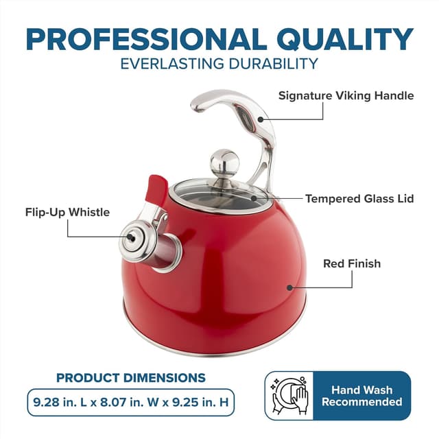 Detalle de Viking 3-Ply Stainless Steel Tea Kettle, 2.6 Quart Whistling Stovetop Pot with Tempered Glass Lid (Red)