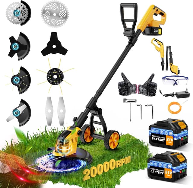 Detalle de 12" Cordless Strimmer with 21V Brushless Motor, 2×3.0Ah Batteries and Charger (4-in-1, Detachable Wheels)