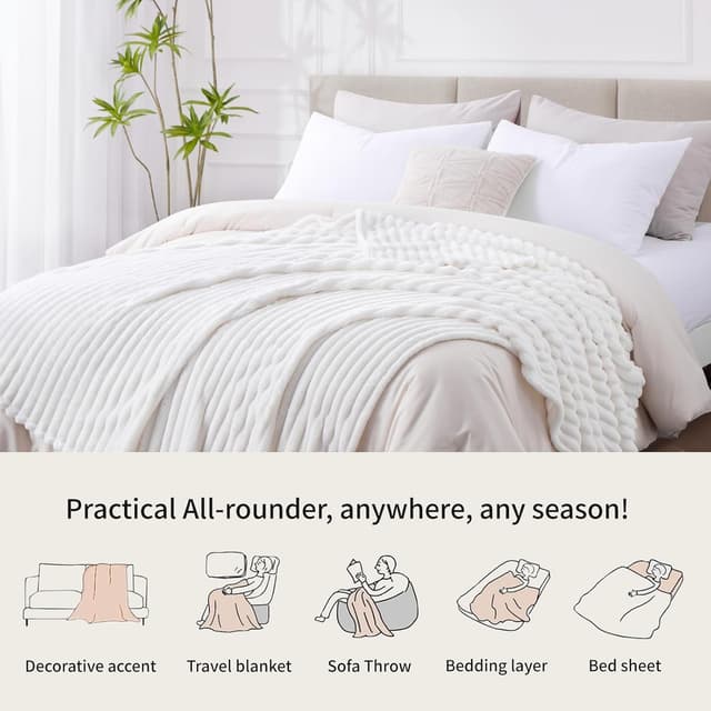 Thumbnail 6 de RUIKASI Fleece Throw Blanket for Sofa (150x200cm) – Double Fluffy White Ribbed Sofa & Bed Throw