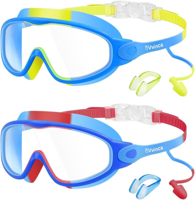 Detalle de Vvinca Kids Swimming Goggles (2 Pack) with Built-in Earplugs, Nose Clip & Anti-Fog UV Protection for Ages 3–15