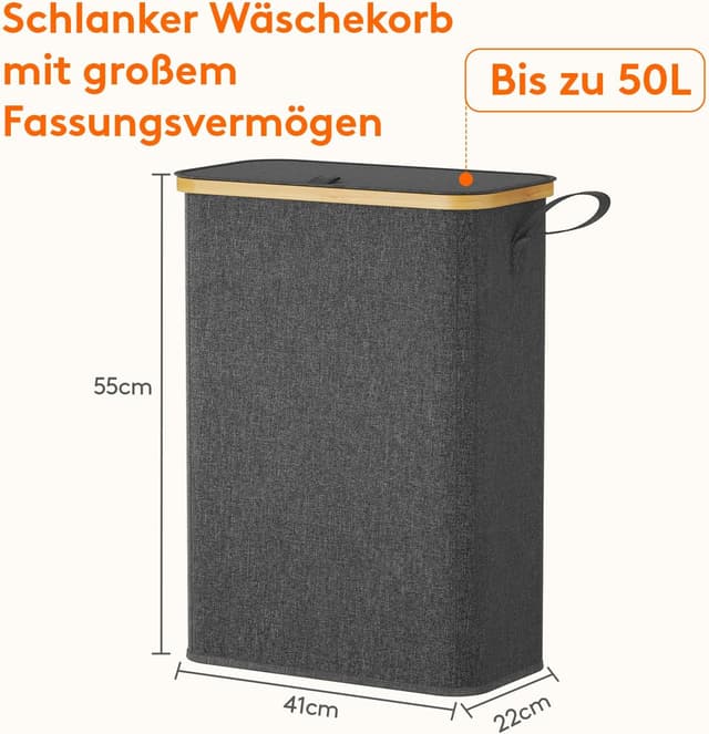 Detalle de Lifewit 50L schmaler Wäschekorb mit Deckel aus Bambus & Oxford-Gewebe – faltbar, mit Tragegriff, Schwarz