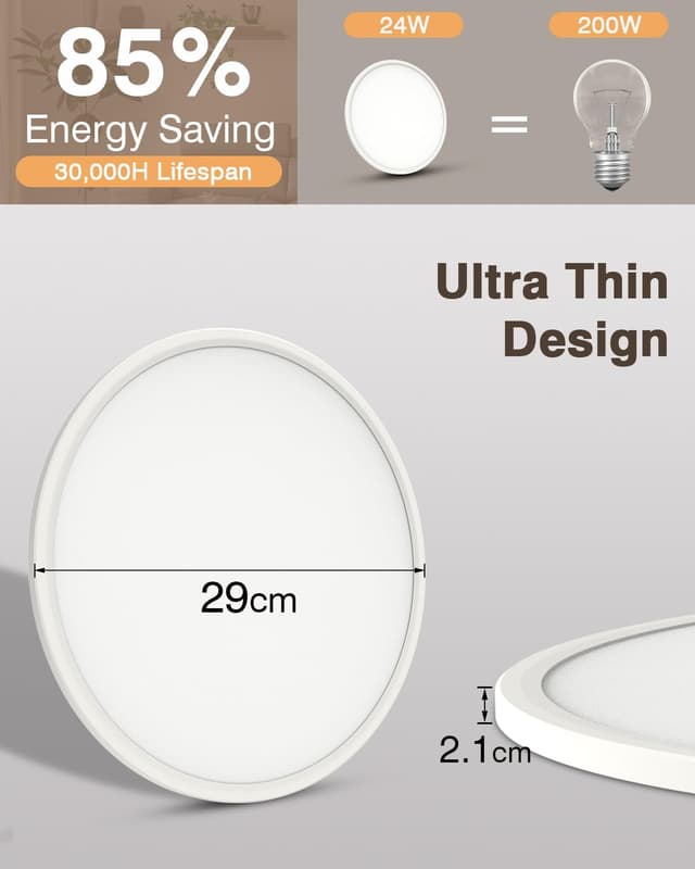 Detalle 2 de Bowfar LED Deckenleuchte 24W rund (Ø29 cm) mit Fernbedienung, dimmbar 3000K–6500K, flach