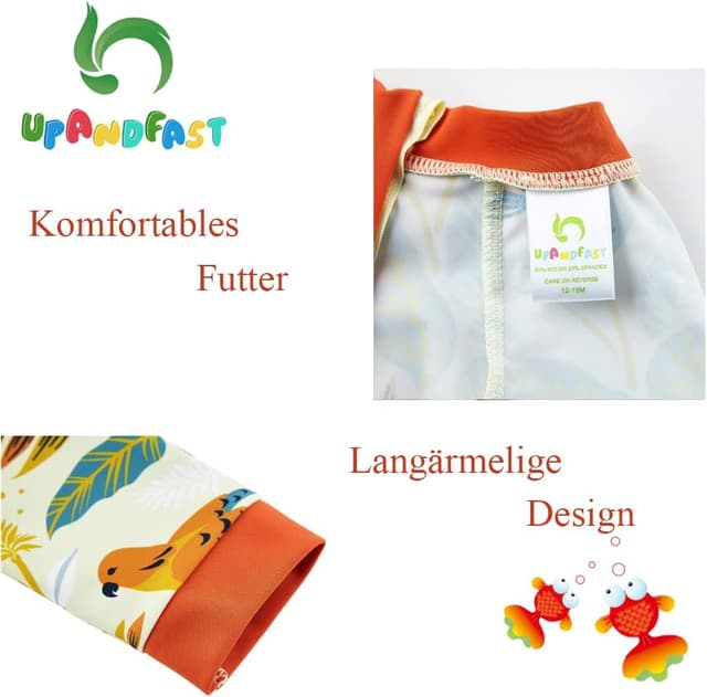 Detalle de upandfast Baby Jungen Badeanzug mit Sonnenhut UPF 50+ (einteilig, Reißverschluss) für mehr UV-Schutz