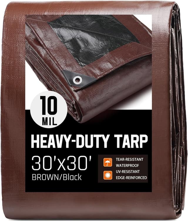 Detalle de 30 x 30 FT Waterproof Heavy Duty Tarp (10-Mil Thick) — Brown/Black PE Cover with Rust-Proof Grommets