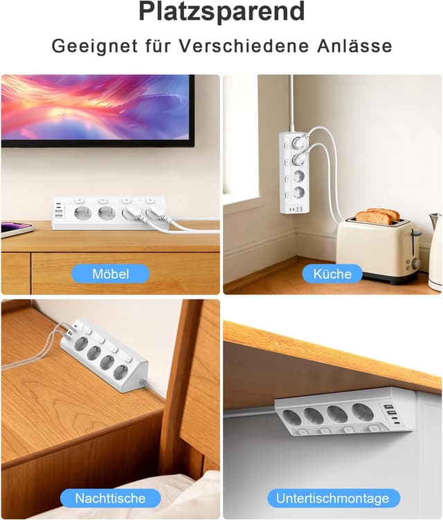 Thumbnail 6 de vipwell Ecksteckdose mit 4 USB (2× USB‑C, 2× USB‑A) und unabhängigen Schaltern – 90° Winkel, 4 Fach-Steckdosen