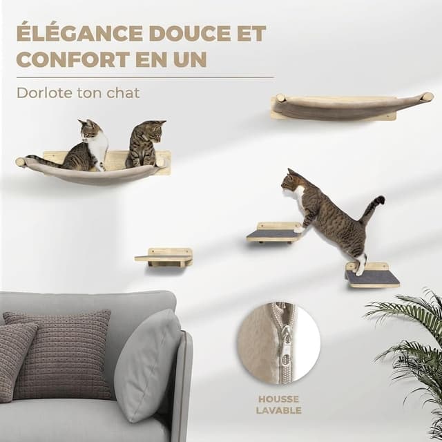 Detalle 2 de WOOWOOD® Kletterwand Katzen-Set „Naturhell“ (Wandkratzbaum mit Hängematte)