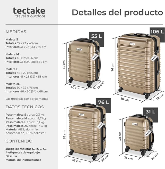 Thumbnail 4 de tectake Juego de 4 Maletas Rígidas ABS champán