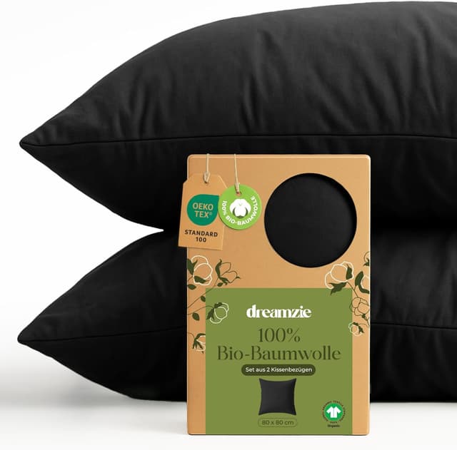Detalle de Dreamzie Kissenbezug aus 100% Bio-Baumwolle, 80x80 cm im 2er-Set (schwarz) mit Reißverschluss