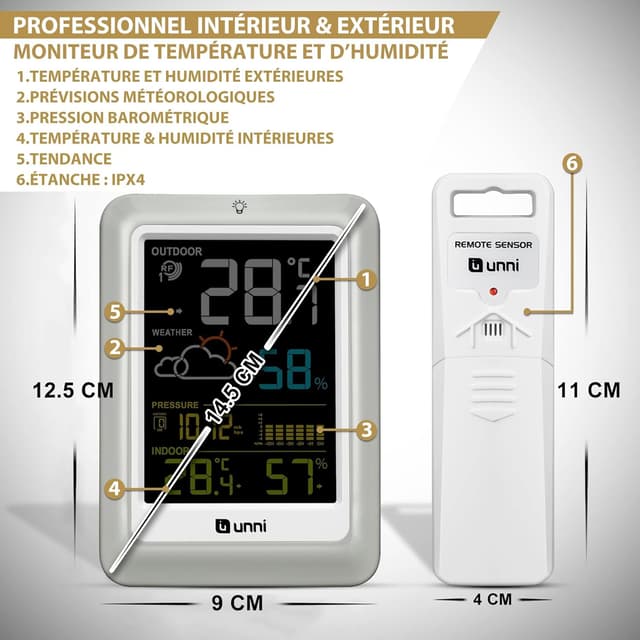 Detalle de Station météo sans fil avec écran couleur Unni (02CS) : capteur extérieur jusqu’à 100 m, baromètre et rétroéclairage réglable