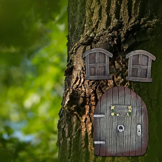 Detalle 2 de Relaxdays décoration pour tronc d’arbre marron – maison de lutins, elfes et fées (3 pièces : 2 fenêtres + 1 porte)