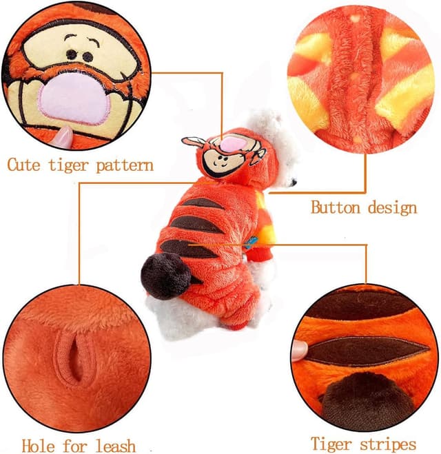 Detalle de AIHANCH Tiger Dog Costume Hoodie in Soft Coral Velvet (Winter Outfit for Small Dogs) – XL