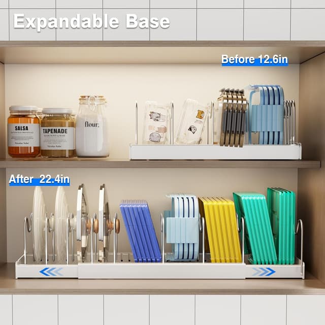 Detalle 2 de Mustorn 2-Pack Expandable Pots and Pans Organizer with 9 Adjustable Dividers (Under-Cabinet Lid Holders) – White