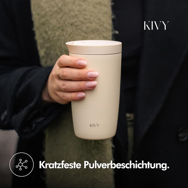 Detalle 2 de KIVY Thermobecher 350 ml – isolierter Edelstahl-Reisebecher für Heiß & Kalt (6 h heiß / 24 h kalt)
