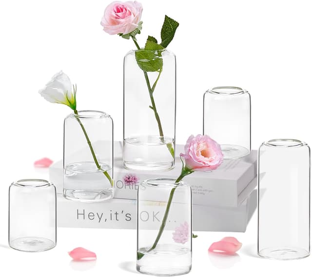 Detalle de ZENS Small Glass Vase Set of 6 – clear bud vases for table centrepieces and small flower arrangements