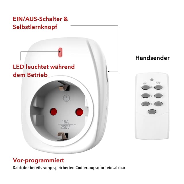 Detalle 2 de HBN 4x Funksteckdosen-Set mit 1 Fernbedienung (16 A / 3.680 W) und 30 m Reichweite – Weiß