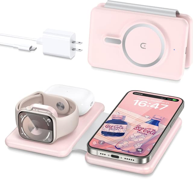 Detalle de 3-in-1 Wireless Charging Station (MagSafe) for iPhone, Apple Watch & AirPods — Foldable Magnetic Charger Pad