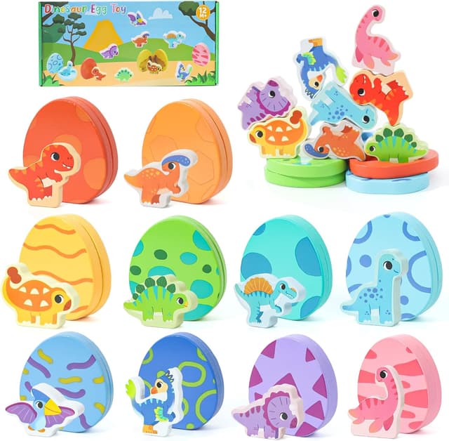 Detalle de LZDMY Montessori Spielzeug ab 1 Jahr – Dino Eier Steckspiel aus Holz für Motorik & Sortieren