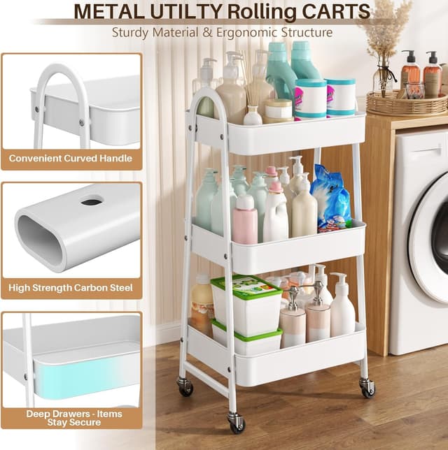 Detalle 2 de StowBin 3-Tier Metal Storage Trolley with Wheels – Rolling Utility Cart with Handle and Mesh Shelves (White)