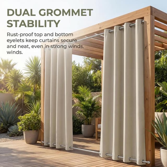 Detalle de LiveGo Outdoor Waterproof Curtains with Stainless Steel Grommets (2 Panels) for Porch, Pergola & Garden, Beige, 140 x 213cm