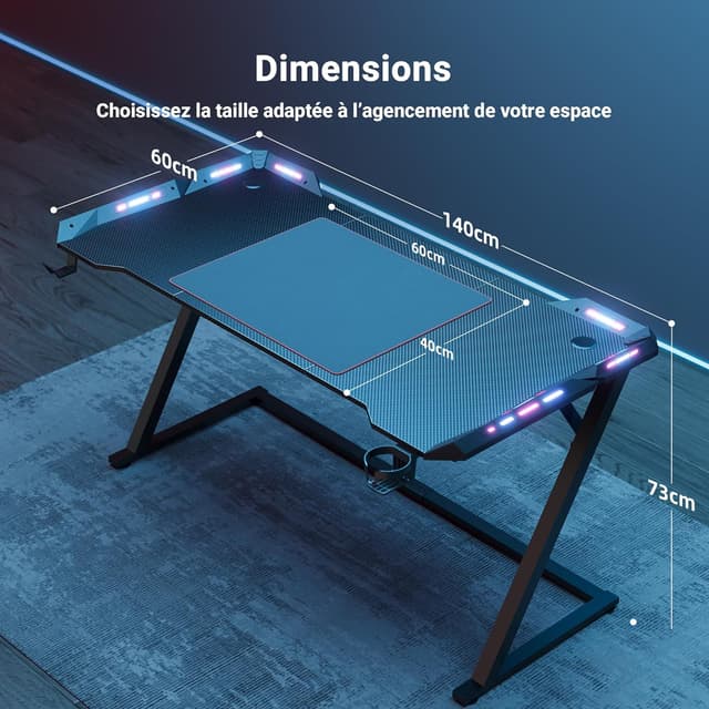 Detalle de Bureau gaming Claiks avec RGB LED, 140x60 cm (plateau fibre de carbone) et accessoires