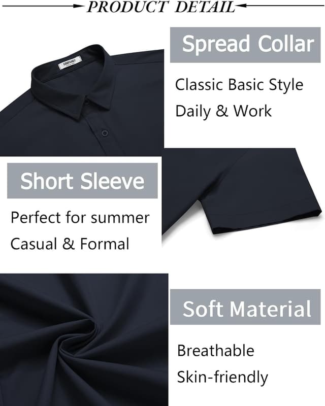 Detalle de COOFANDY Herren Hemd Kurzarm „Basic Shirt“ Regular Fit (XS–4XL) – bügelleicht & antiarrugas