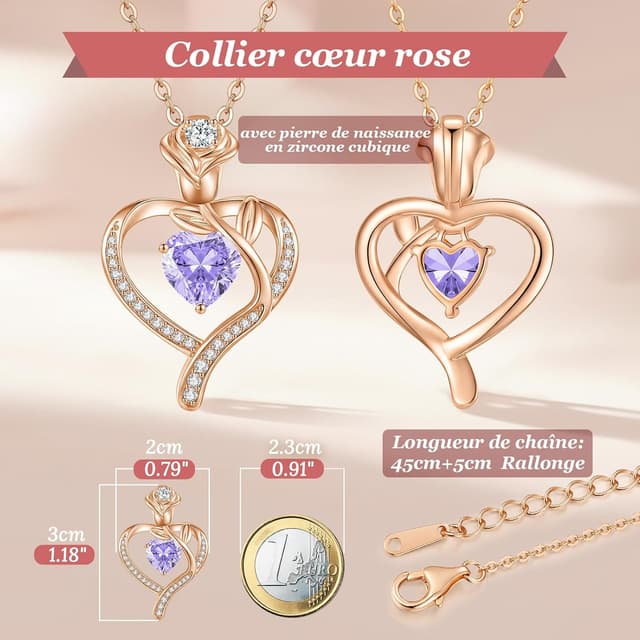Detalle de CDE collier femme pendentif cœur et rose, argent 925, personnalisé avec pierre de naissance