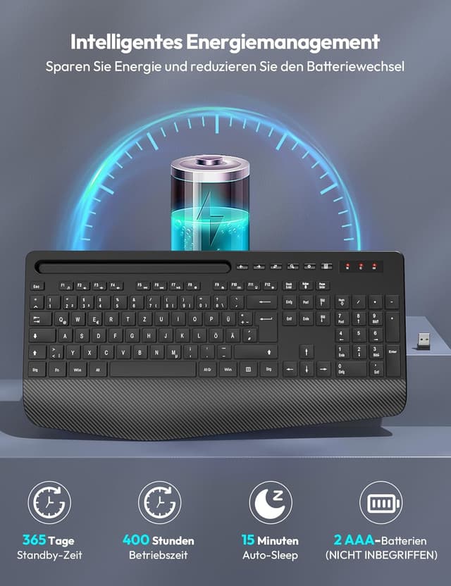 Detalle 1 de SABLUTE Kabellose Tastatur KN213 (Full-Size) mit Handballenauflage und Telefonhalter