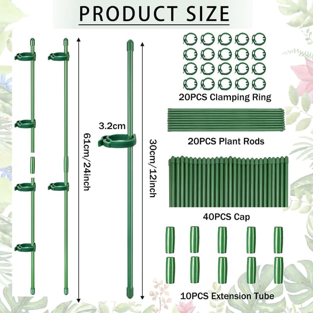 Detalle 2 de (90-tlg.) Pflanzstäbe-Set mit Rankhilfe, 20 Pflanzenhalter, 20 Karabinern, 40 Schutzkappen und 10 Verlängerungsrohren