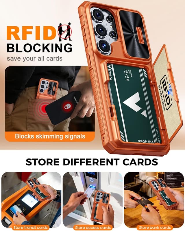 Detalle de Vizvera for Samsung Galaxy S26 Ultra case with sliding camera cover, card wallet & RFID protection (Orange)