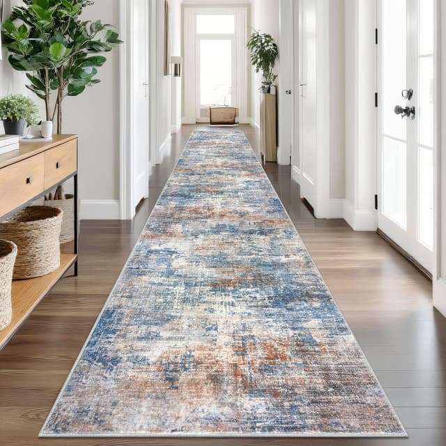 Detalle de IOHOUZE Abstract Runner Rug, 3x18 Ft Washable Non-Slip Kitchen Hallway Runner (Blue/Rust/White)