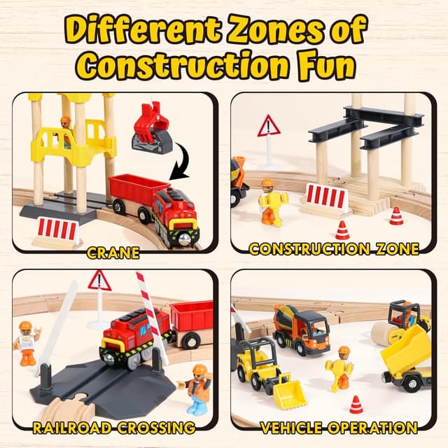 Detalle de Lehoo Castle 68pc Toddler Construction Train Set with Crane (Wooden Railway Toy, ages 3+)