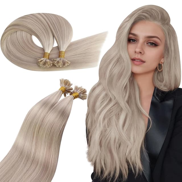 Detalle de Ugeat Bondings Extensions Echthaar 40 cm 18/613 (aschblond mit platinblond Highlight) – unsichtbare Keratin-Bondings, 50 g