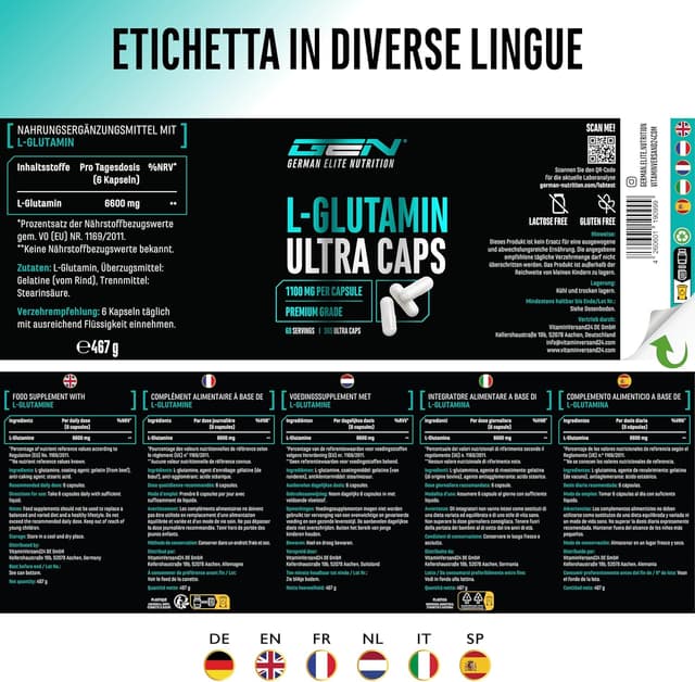 Detalle 2 de L-glutammina Ultra Caps (365 capsule da 1100 mg) – L-glutammina pura in capsule ad alto dosaggio