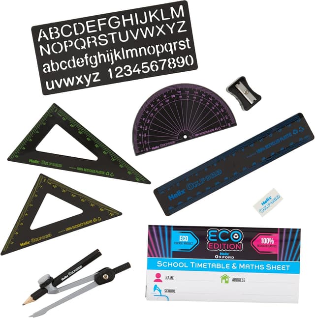 Detalle 2 de Helix Oxford Cyber Eco Maths Set – complete 9-piece school maths equipment (with tin)