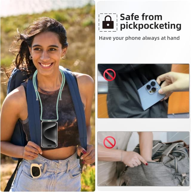 Detalle de Coque avec cordon OLEPHY pour iPhone 15 Pro Max 6,7" (tour de cou ajustable, anti-chocs/anti-rayures) – Vert matcha