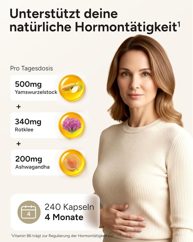 Detalle 2 de 12fach Meno Komplex Wechseljahre Kapseln – Hormon Balance Frauen mit Yamswurzel, Rotklee, Mönchspfeffer, Ashwagandha & Vitamin B6
