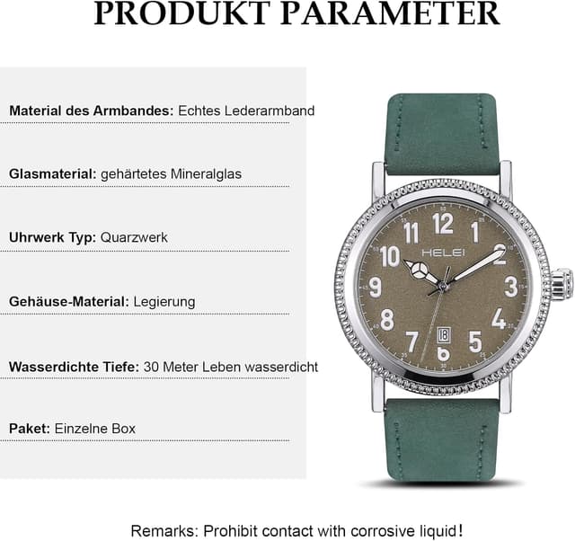 Detalle de JIZZU Herrenuhr mit Echtem Lederarmband, 42 mm Zifferblatt und Datumsanzeige