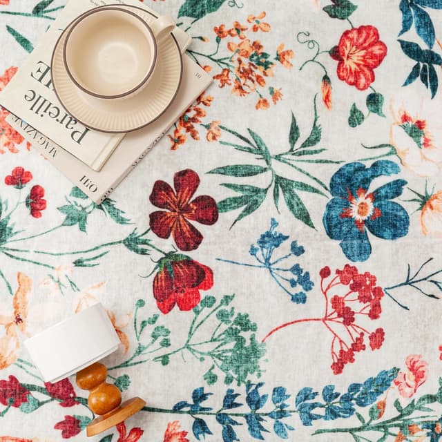 Detalle 2 de Beige waschbarer Teppich mit Blumenmuster 120x170 cm – kurzflor, rutschfest für Wohn- und Schlafzimmer