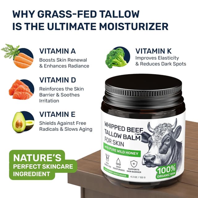 Detalle de Beef Tallow for Skin Grass-Fed Whipped Tallow & Honey Balm (Fragrance-Free, Non-Comedogenic)