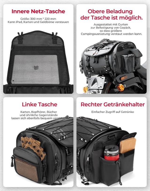 Detalle de KEMIMOTO Borsa Posteriore Moto espandibile 24-32L impermeabile con copertura antipioggia e zainetto removibile, nero