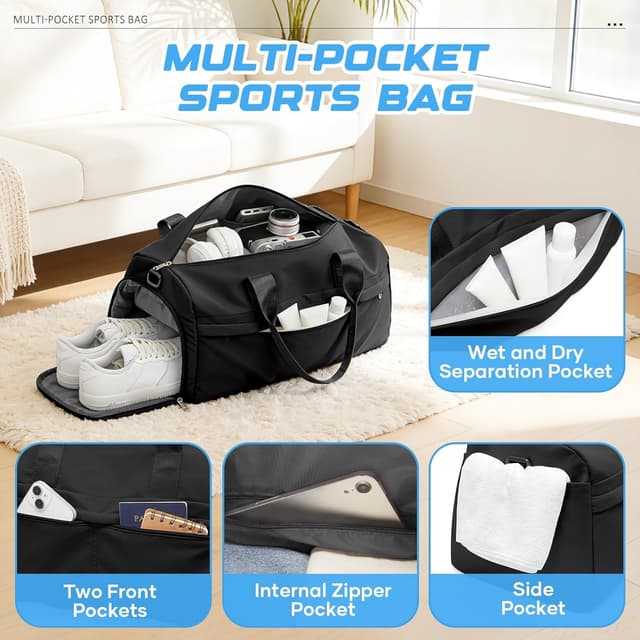 Detalle de WEPLAN Sporttasche für Damen & Herren mit Schuhfach und Nassfach (46 x 25 x 25 cm) – Schwarz