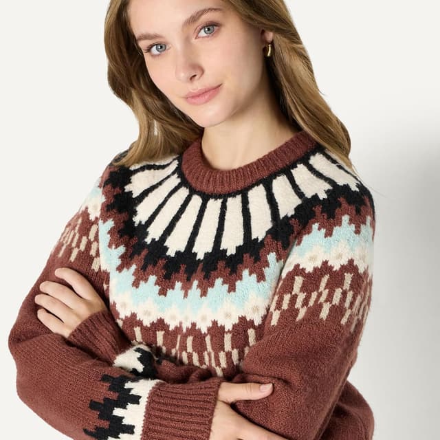 Detalle de Amazon Essentials Damen Fair-Isle Oversize-Pullover mit Rundhalsausschnitt „Demis Favorit“