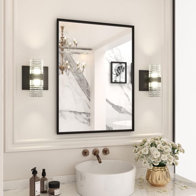 Detalle de LOAAO 22"x30" Black Rectangle Bathroom Mirror with Matte Black Aluminum Alloy Frame