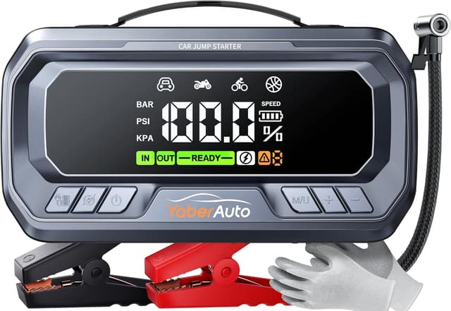 Detalle de YaberAuto YA90 Avviatore auto 8000A (26800 mAh) con compressore 160 PSI, booster PD65W e luce 600 lm