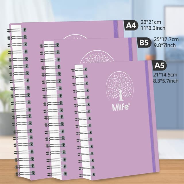 Detalle 2 de Mlife B5 Notizbuch liniert mit Spiralbindung, 300 Seiten – lila Hardcover mit Lebensbaum