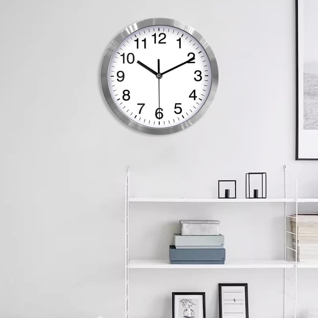 Thumbnail 6 de 12 Inch Metal Frame Glass Cover Non-ticking Quartz Wall Clock (Silver) for quiet indoor timekeeping