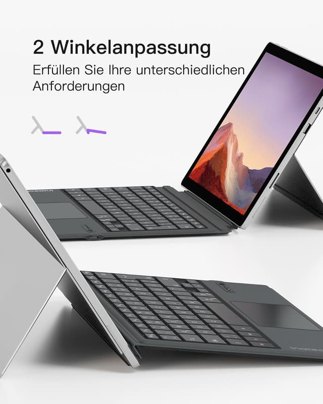 Detalle de Inateck KB02027 Surface Pro 7 Tastatur (QWERTZ) mit Trackpad-Kompatibilität, Bluetooth 5.3 und 7-farbiger Hintergrundbeleuchtung