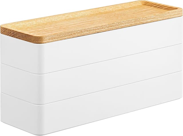 Detalle de YAMAZAKI 5811 RIN – Mallette d’accessoires à 3 compartiments avec couvercle en bois (blanc)